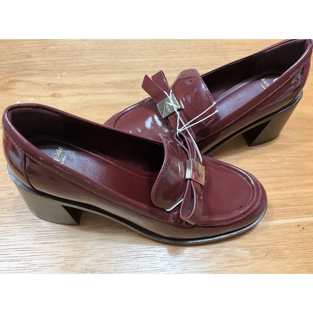 Kate Spade Burgundy Patent Leather Bow Heeled Loafers Size 7.5B Block Heel
